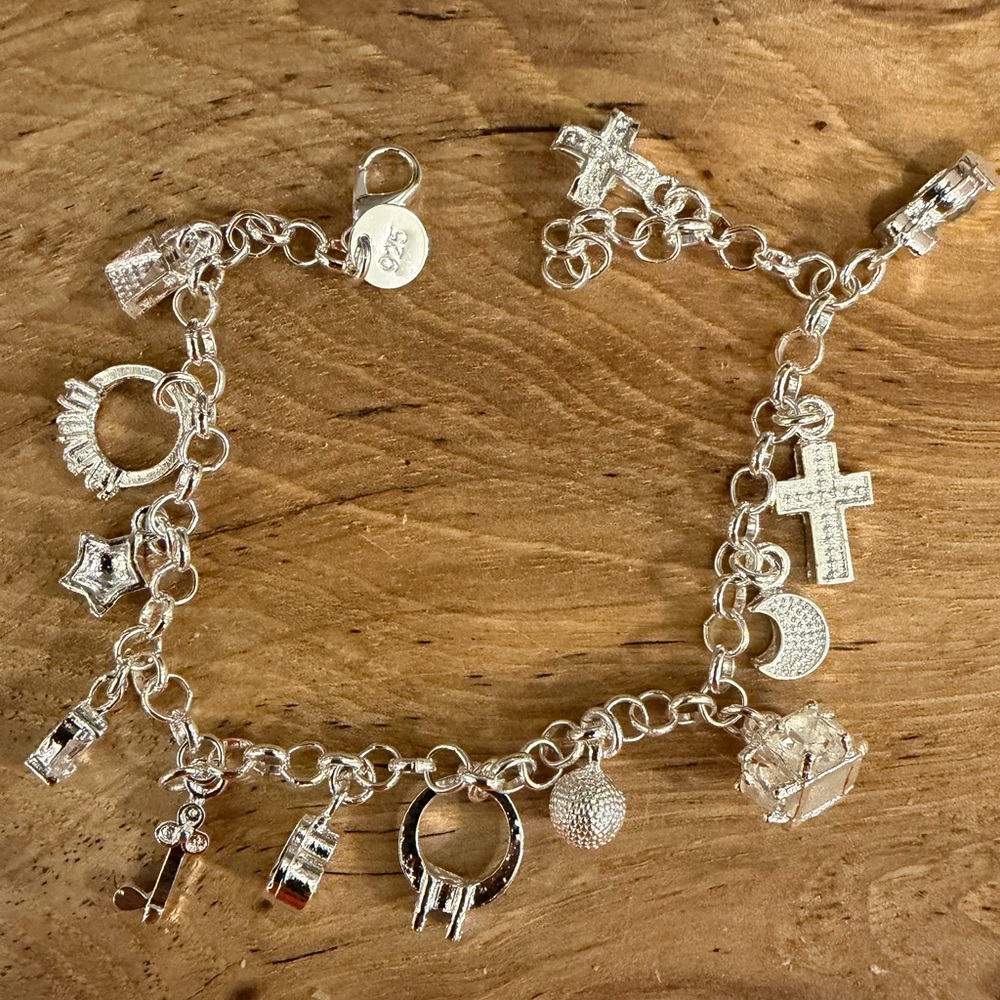 Sterling Silver Charm Bracelet with Cross & Moon Charms - Silver